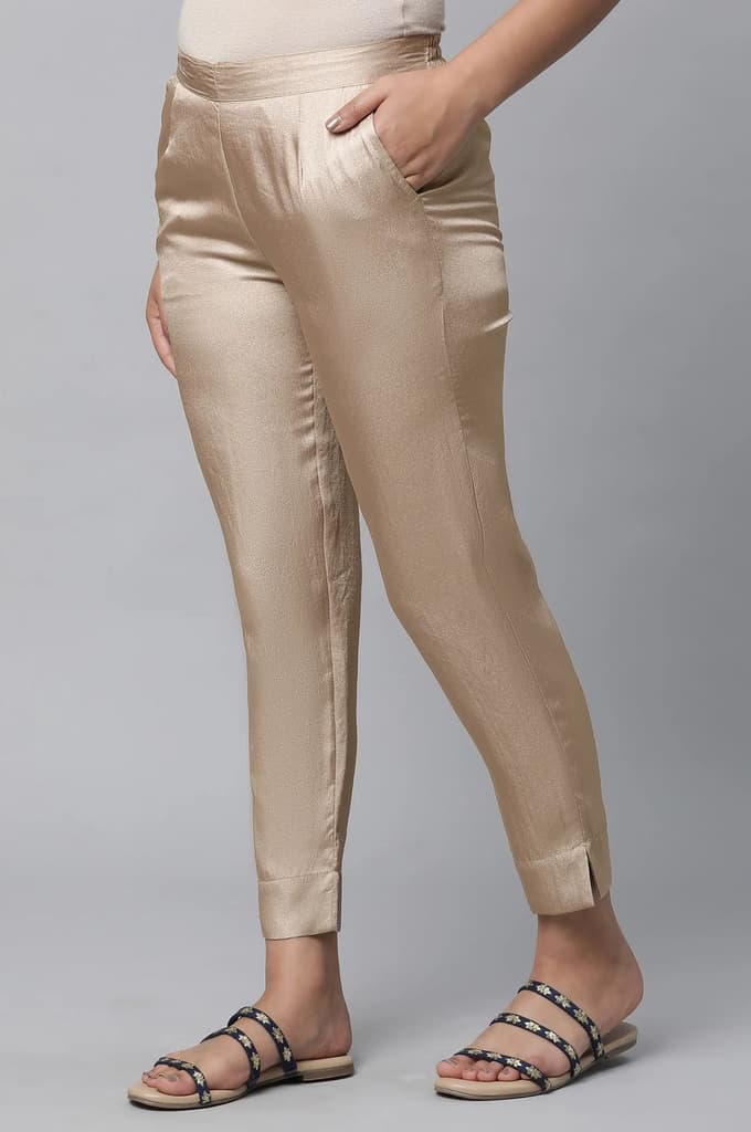 Gold Solid Straight Fit Satin Pants With Elasticated Waist — photo 3