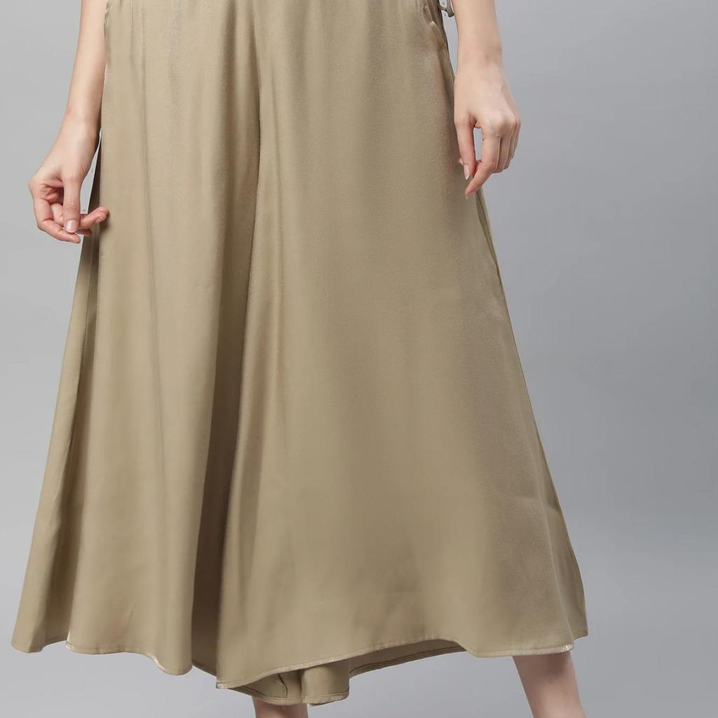 Gold Solid Flared Rayon Culottes With Slip On Closure