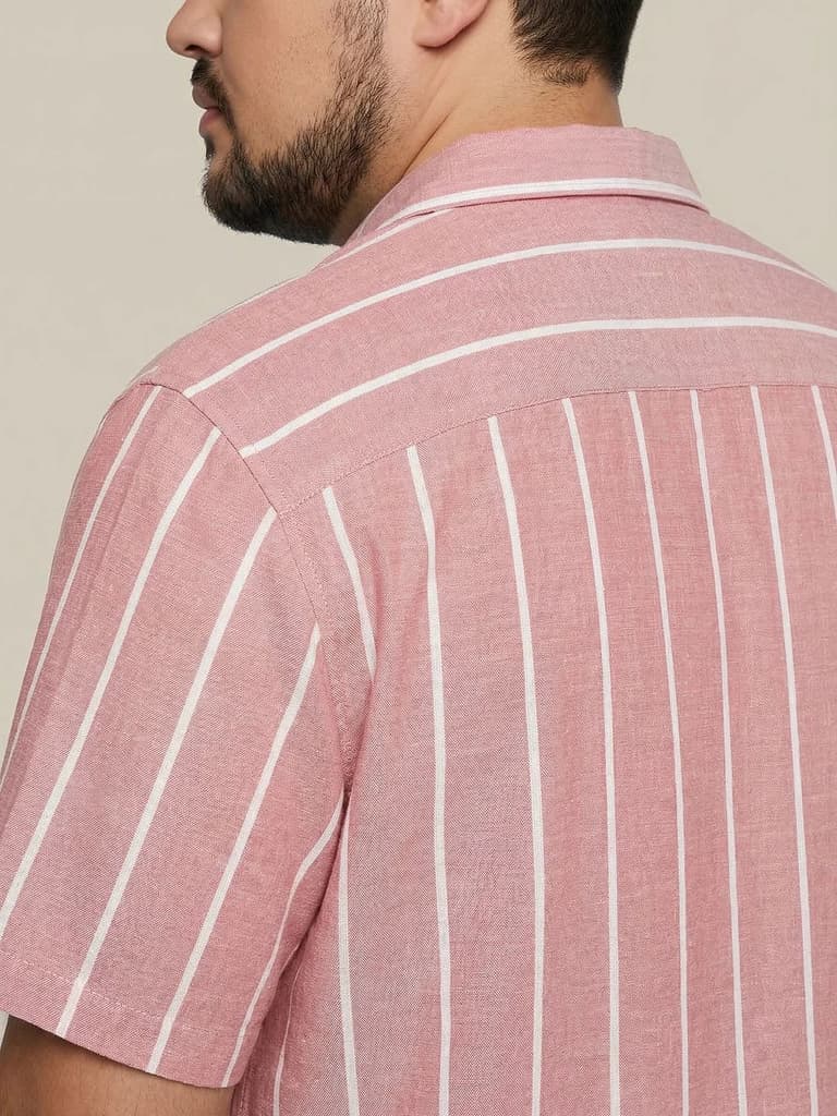 Plus Men's Pink Cotton Half Sleeve Relaxed Fit Linen Striped Shirt with Cuban Collar — photo 5