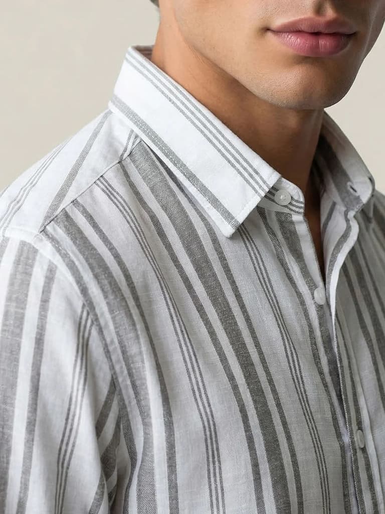 Men's Grey Cotton Full Sleeve Relaxed Fit Linen Striped Shirt with Spread Collar — photo 6