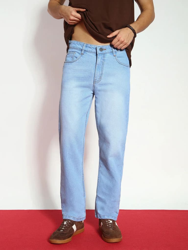 Men's Ice Blue Straight Fit Washed Jeans Stretchable — 28 / Ice Blue