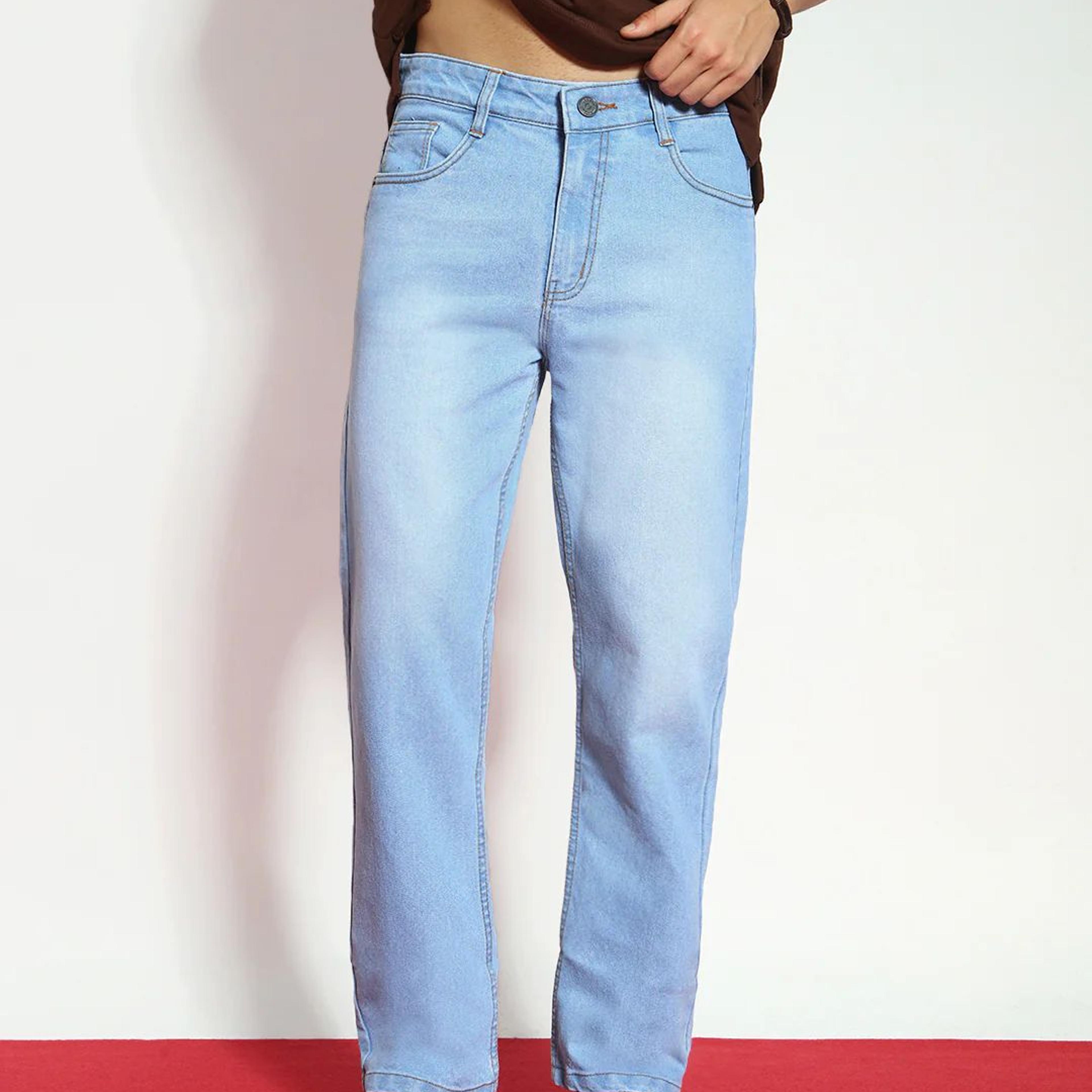 Men's Ice Blue Straight Fit Washed Jeans Stretchable