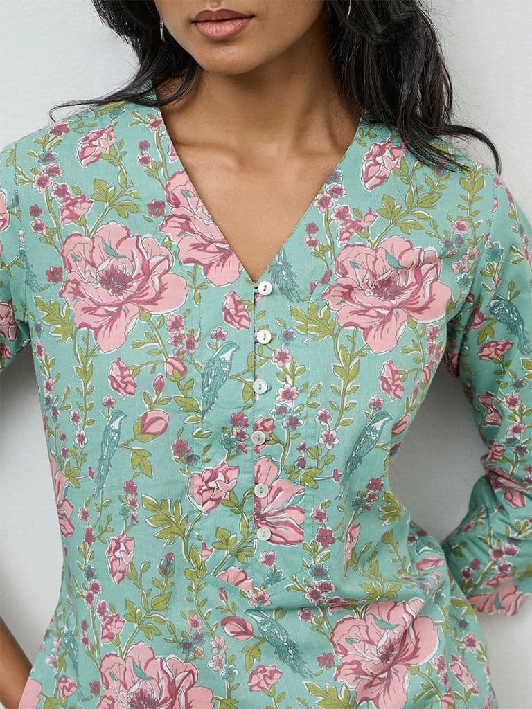 Utsa Aqua Floral Printed Cotton Straight Kurta — photo 3