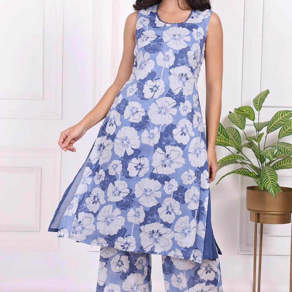 Blue Floral Printed Pure Cotton Straight Kurta and Flared Pants Co-ord Set