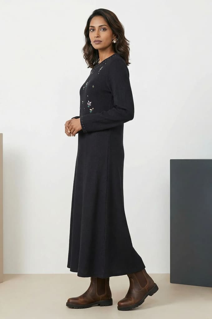 Black Yarn Dyed Embroidered Rayon Blend A-line Winter Dress — photo 3