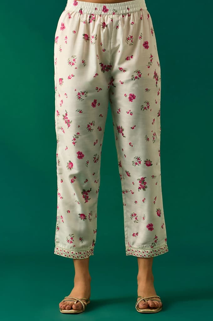 Off White Dori Embroidery Flared Silver Chiffon Kurta, Pants and Dupatta Set — photo 7