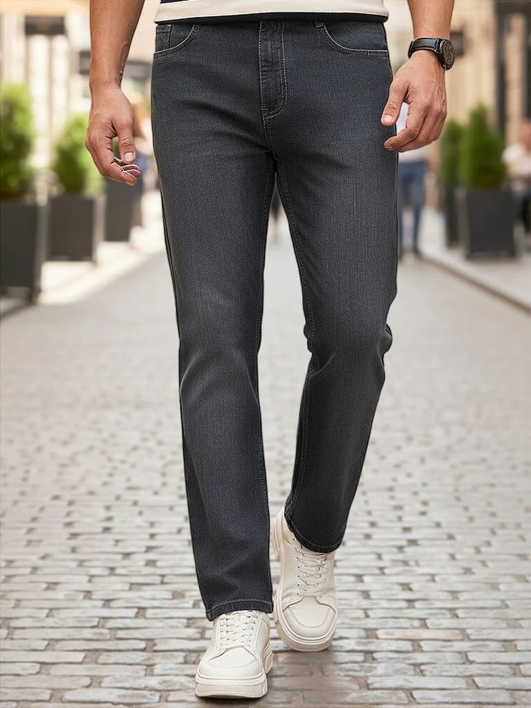Men's Dark Grey Straight Fit Washed Denim Jeans Stretchable — 28 / Dark Grey