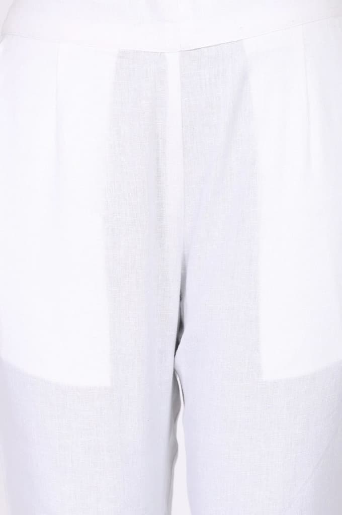 White Solid Cotton Flax Straight Fit Ankle Length Trousers — photo 2