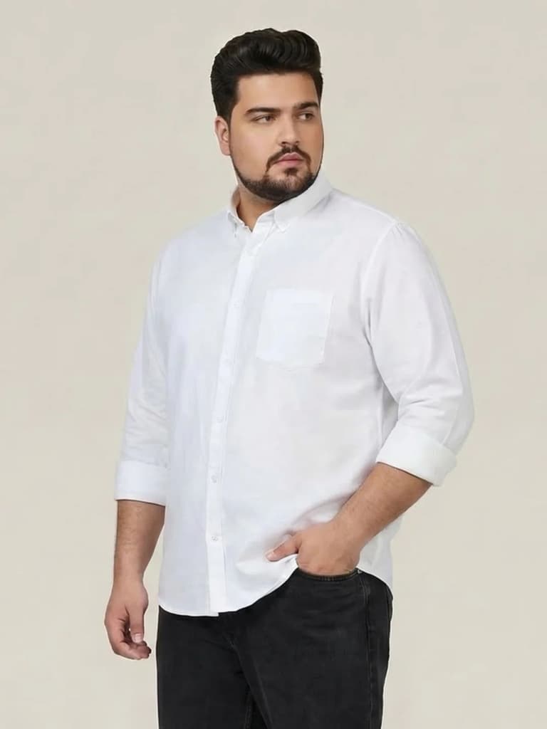 Plus Men's White Cotton Full Sleeve Regular Fit Solid Oxford Shirt With Button-Down Collar — photo 2