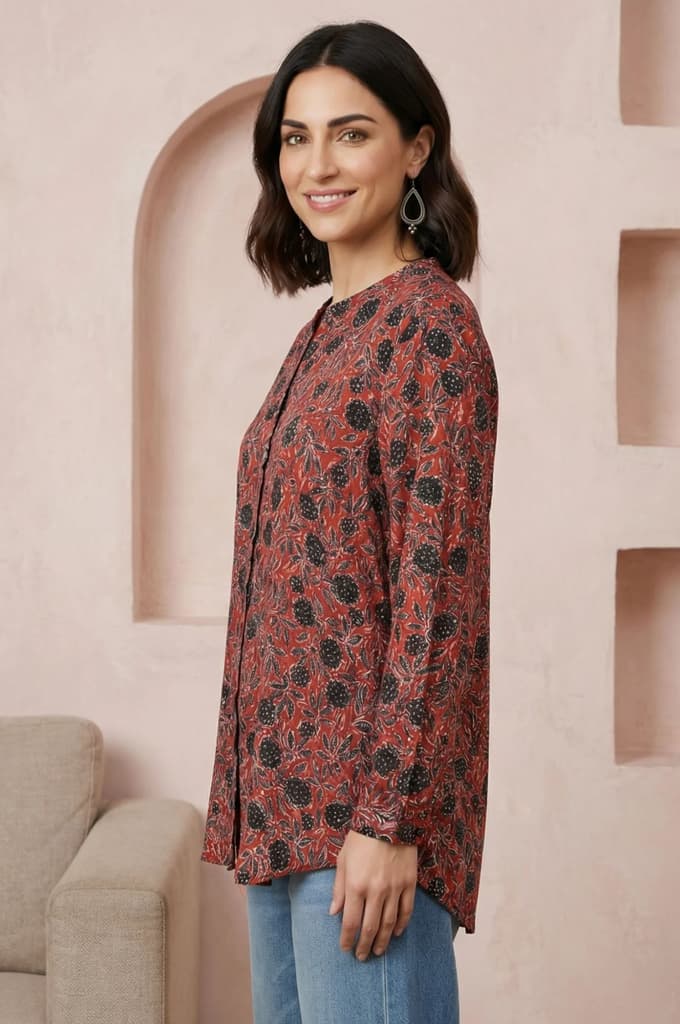 Red Ajrak Printed Modal Satin Straight Top — photo 4