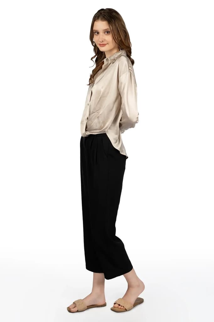 Beige Satin Collared Crop Shirt — photo 3