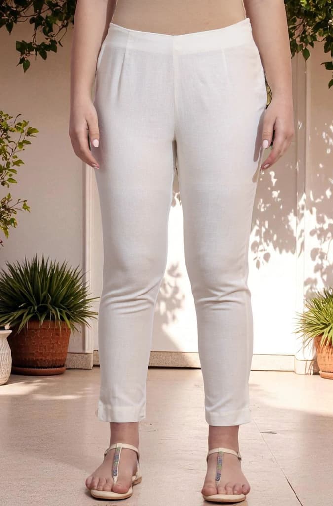 White Solid Mid-Rise Cotton Flax Slim Pants — XS