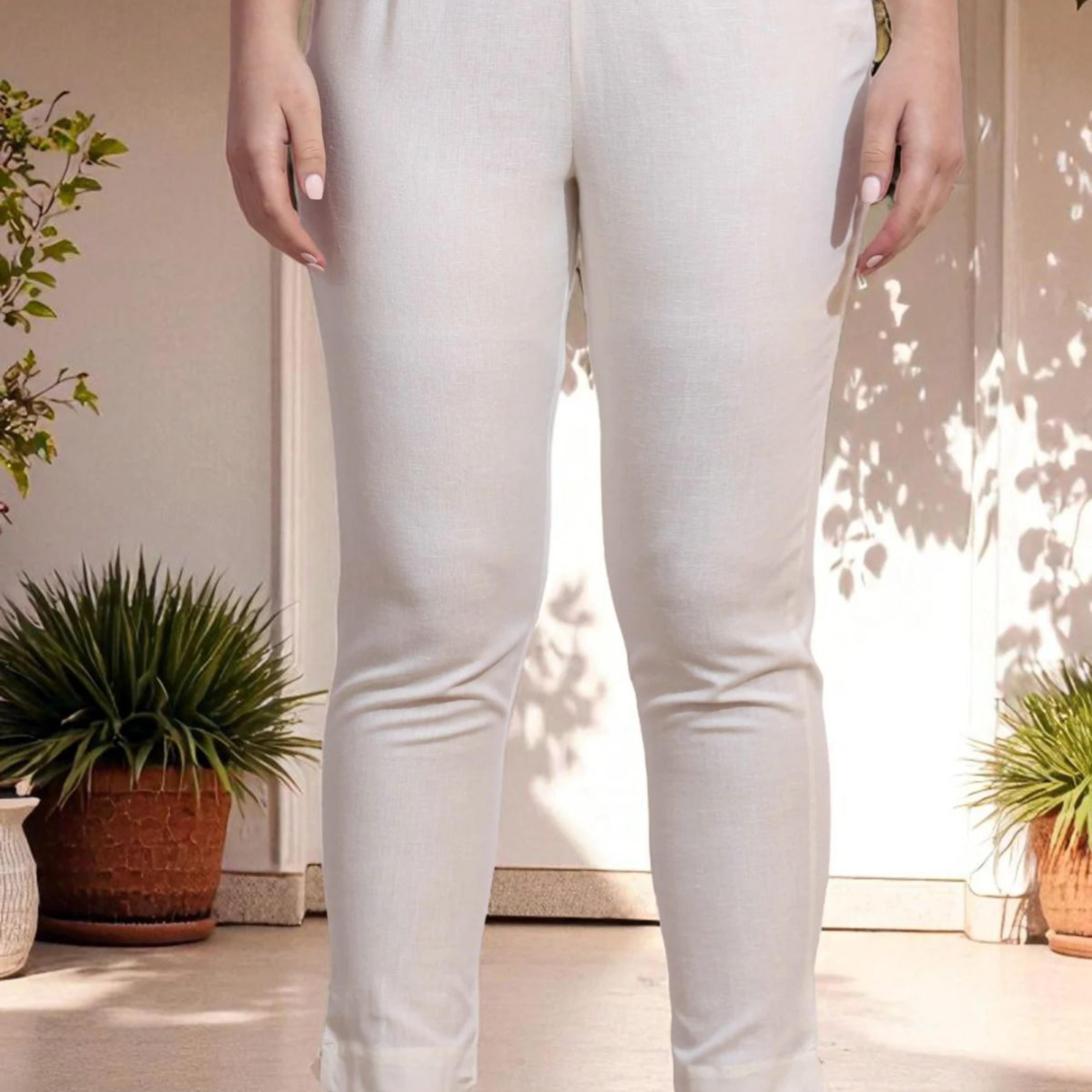 White Solid Mid-Rise Cotton Flax Slim Pants