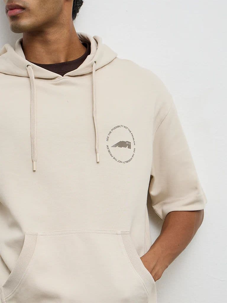 Nuoflexx Light Beige Printed Relaxed-Fit Cotton-Blend Hoodie — photo 3