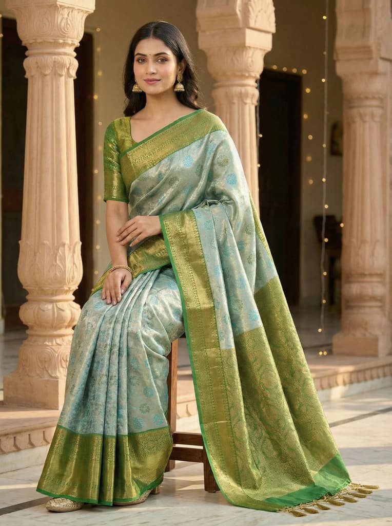 MIMOSA Women's Woven Design Kanjivaram Style Tissue Art Silk Saree with Blouse Piece - Saffire ( SA00002922SFFREE ) — photo 4