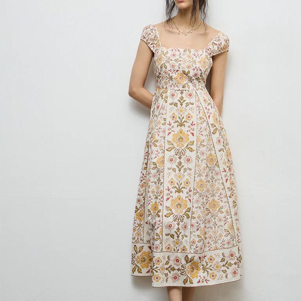Bombay Paisley Beige Floral Printed Cotton A-Line Dress