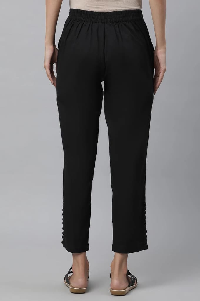 Black Solid Straight Fit Cotton Pants With Button Detail — photo 3