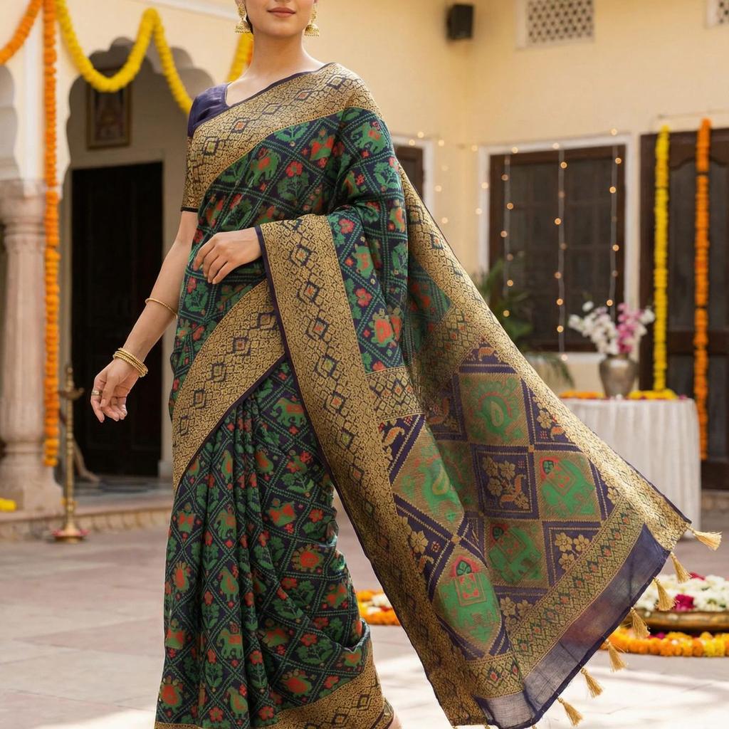 MIMOSA Women's Woven Design Paithani Style Raw Silk Saree with Blouse Piece - Navy ( SA00003128NVFREE )