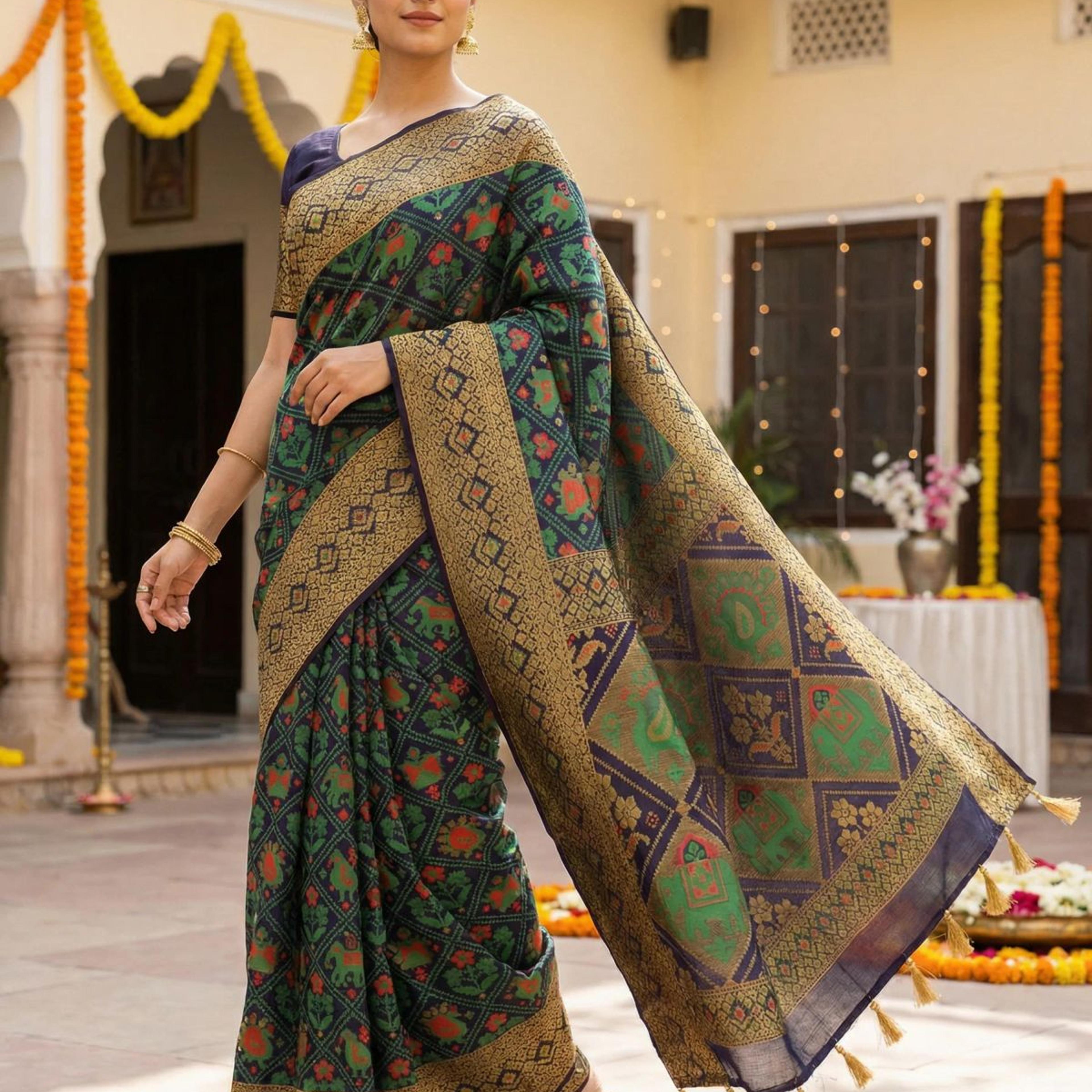 MIMOSA Women's Woven Design Paithani Style Raw Silk Saree with Blouse Piece - Navy ( SA00003128NVFREE )