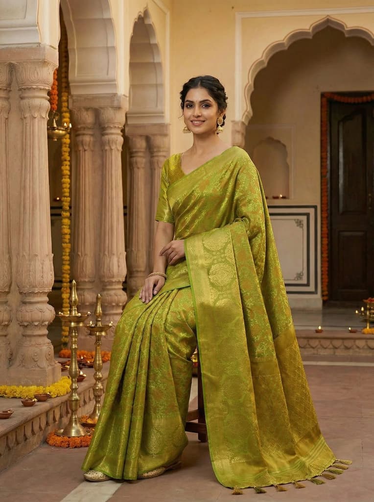 MIMOSA Women's Woven Design Kanjivaram Style Art Silk Saree with Blouse Piece - Olive ( SA00003141OLFREE ) — photo 4
