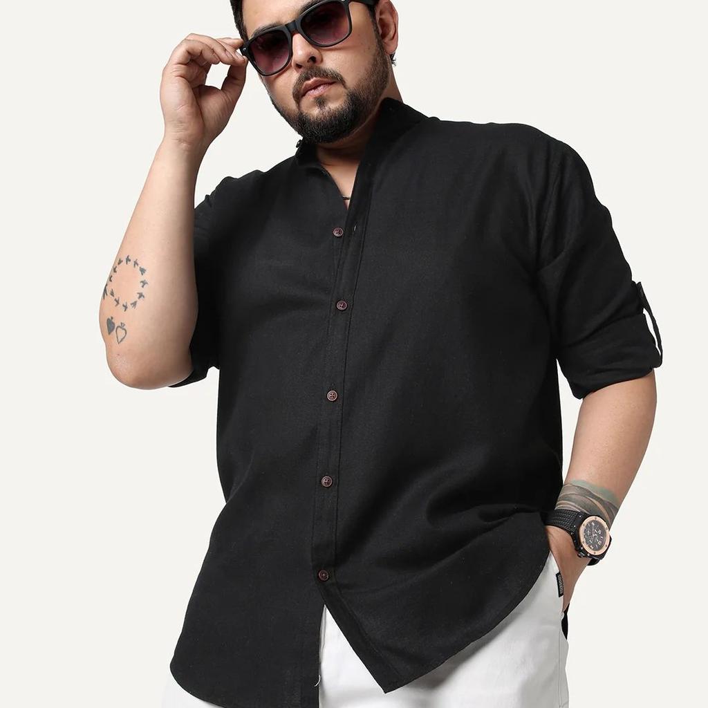 Plus Men's Black Linen Blend Full Sleeve Relaxed Fit Mandarin Collar Casual Solid Shirt