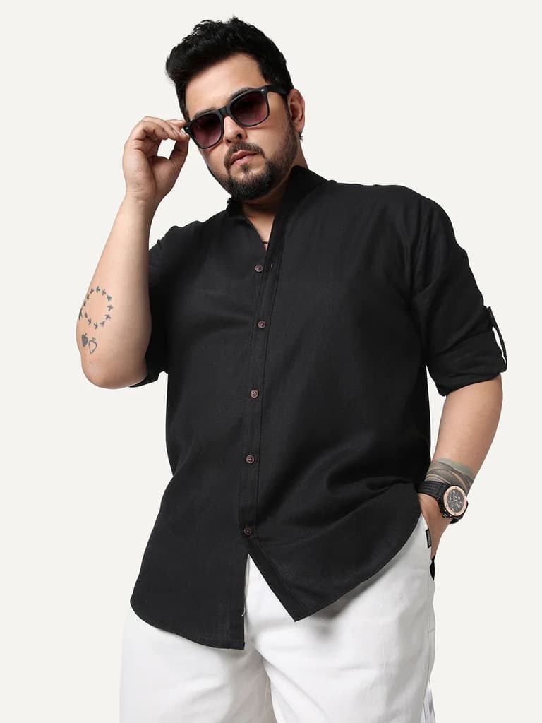 Plus Men's Black Linen Blend Full Sleeve Relaxed Fit Mandarin Collar Casual Solid Shirt — 2XL / Black