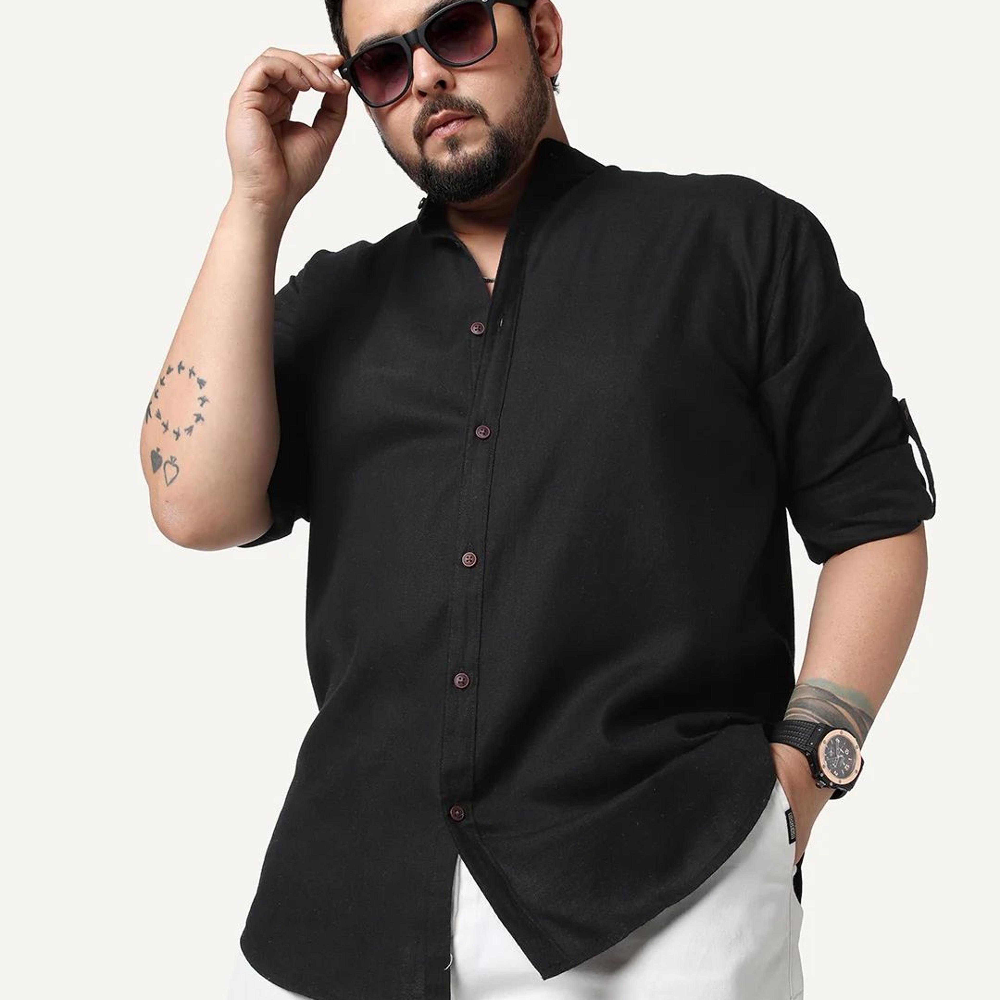 Plus Men's Black Linen Blend Full Sleeve Relaxed Fit Mandarin Collar Casual Solid Shirt
