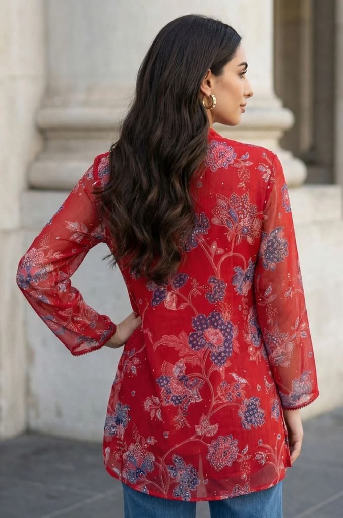 Red Floral Printed Chiffon Straight Top — photo 5
