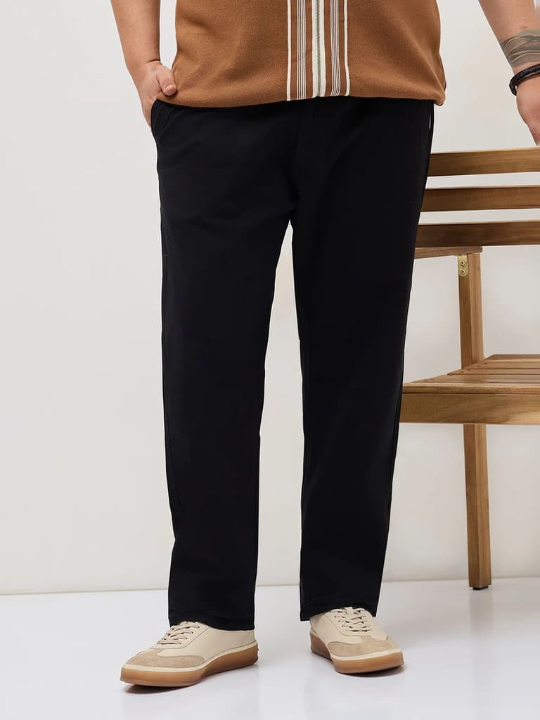 Plus Men's Black Straight Fit Mid Rise Cotton Casual Chinos Trousers Stretch — 36 / Black