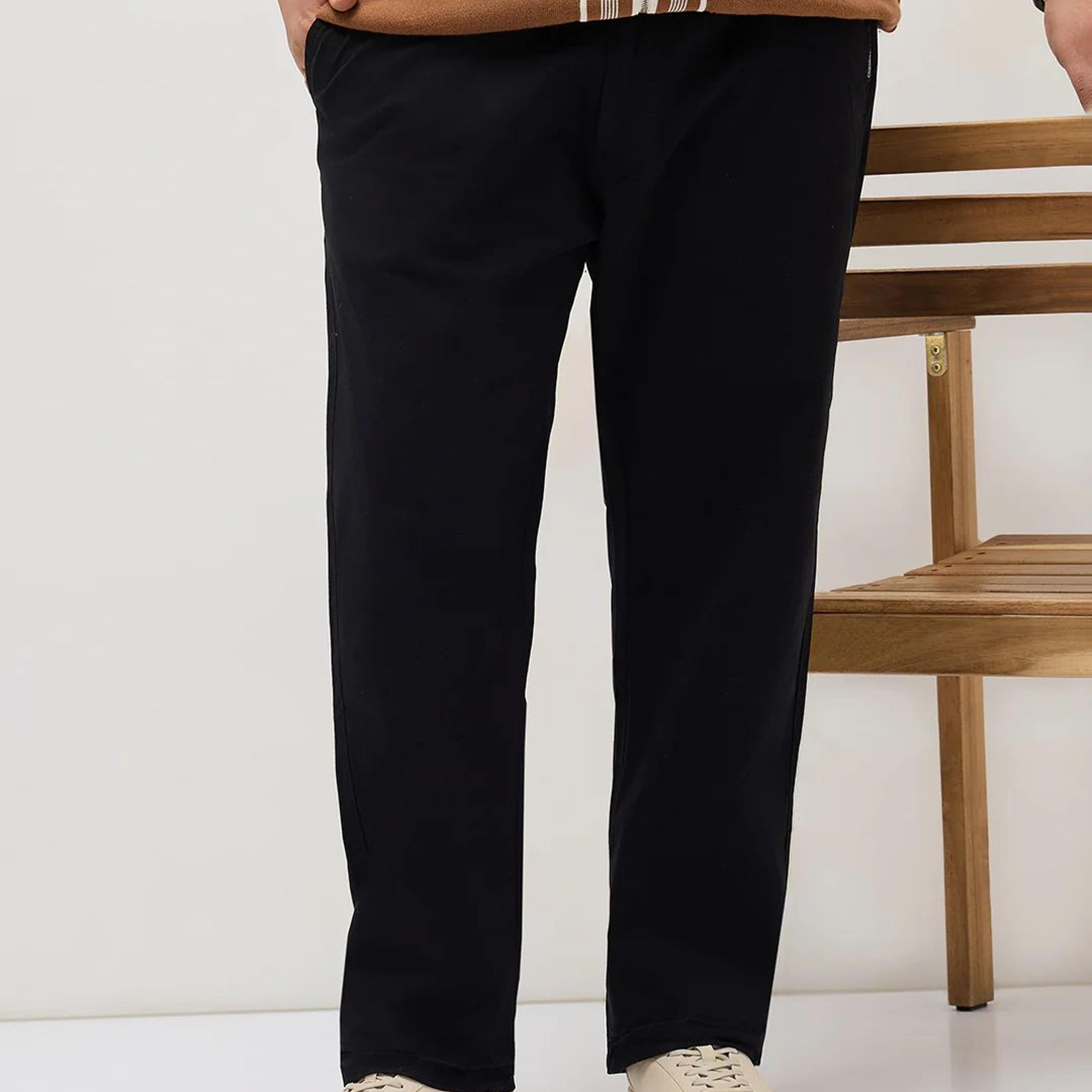 Plus Men's Black Straight Fit Mid Rise Cotton Casual Chinos Trousers Stretch