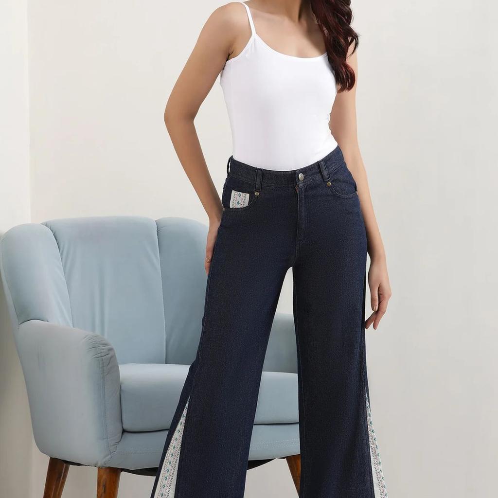 Blue Solid Flared Denim Palazzo With Printed Side Inserts
