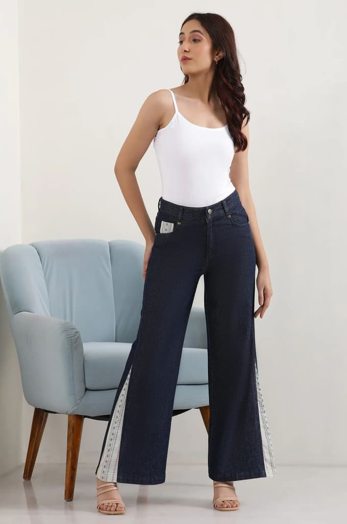 Blue Solid Flared Denim Palazzo With Printed Side Inserts