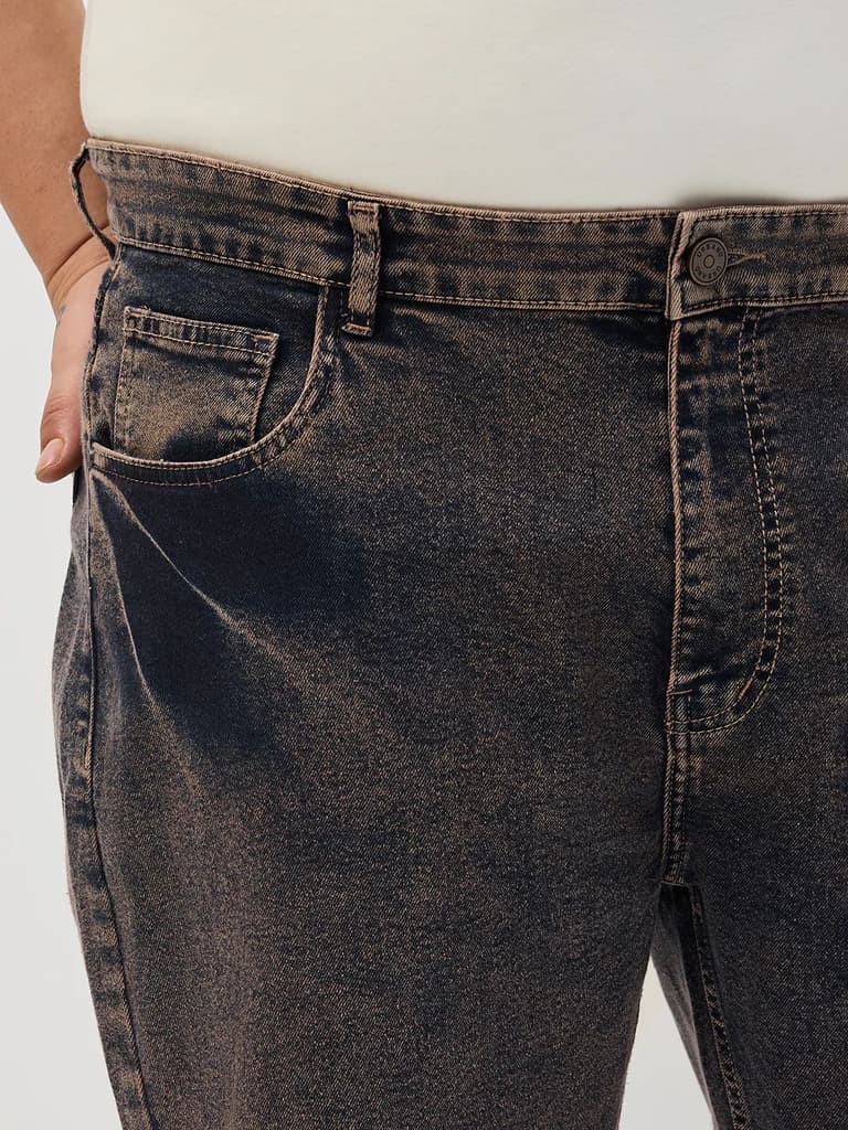 Plus Men's Light Brown Regular Fit Acid Washed Denim Jeans Stretchable — photo 5