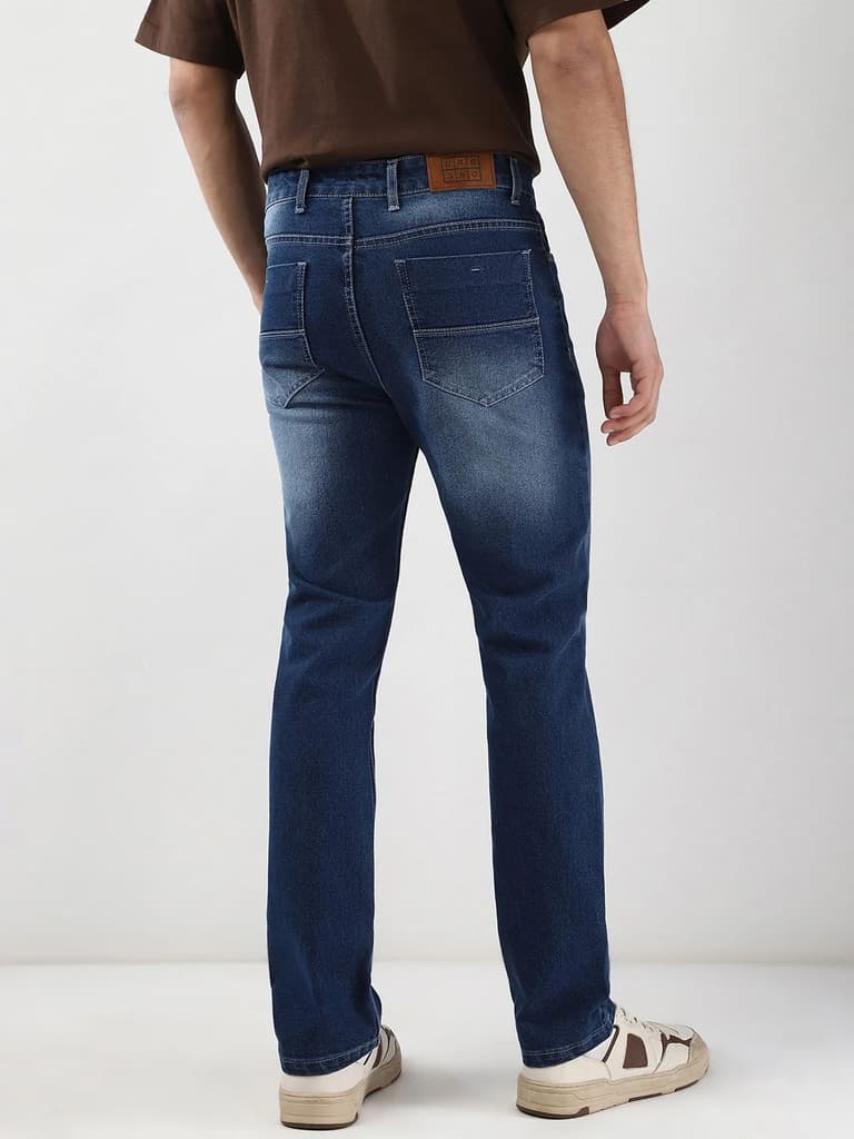 Men's Blue Straight Fit Washed Jeans Stretchable — photo 4