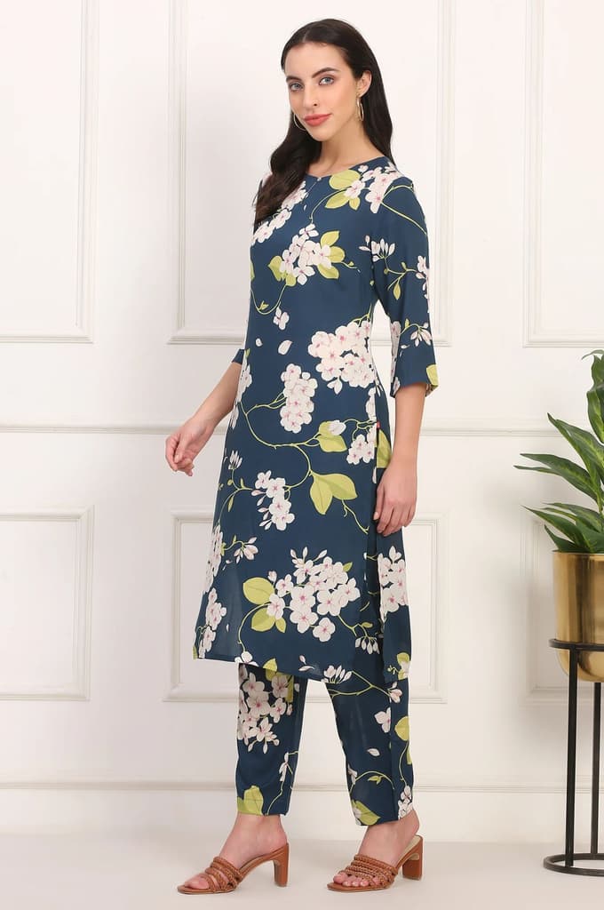 Navy Blue Floral Printed Straight Pure Cotton Kurta and Straight Pants Co-ord Set — photo 4