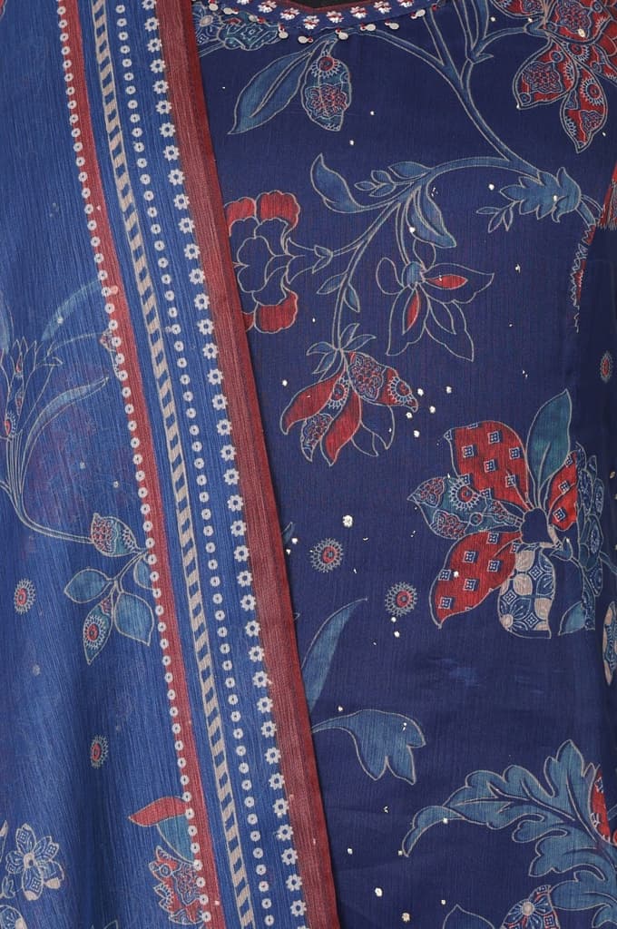 Navy Blue Floral Printed Chiffon Noodle Straps Straight Kurta with Sharara and Dupatta Set — photo 2