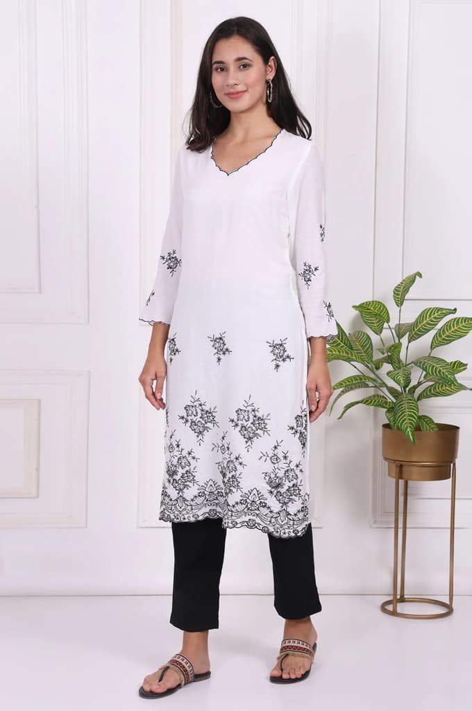 White Floral Printed Thread Embroidered Rayon Straight Kurta — photo 4