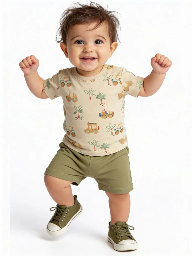 HOP Baby Boys Sage Printed Cotton T-Shirt and Shorts Set
