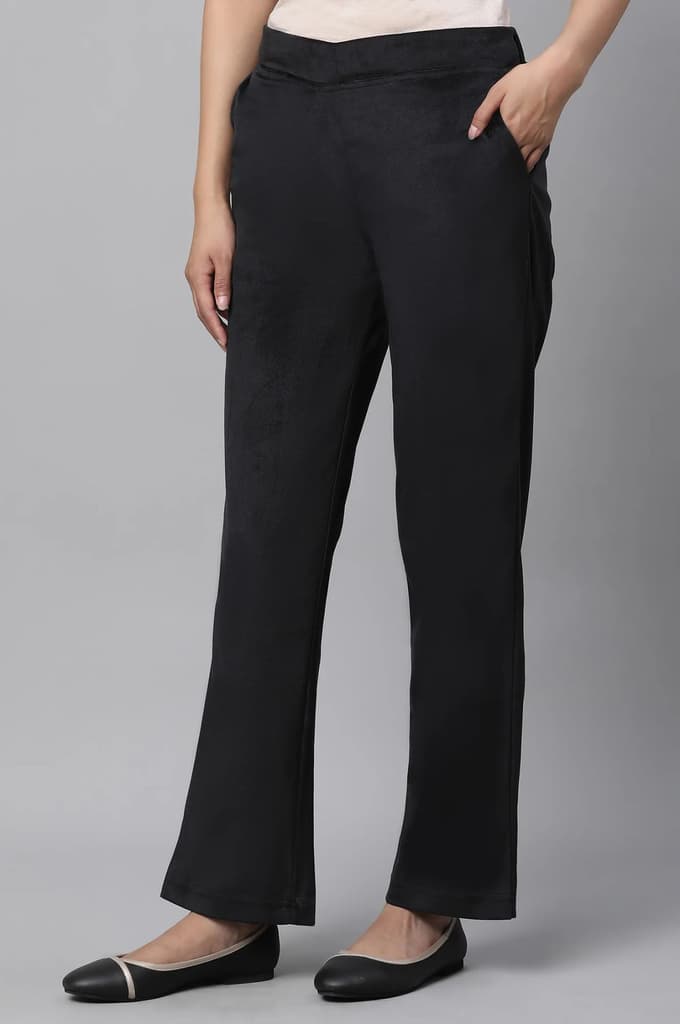 Black Solid Straight Fit Pants With Elasticated Waist — photo 2