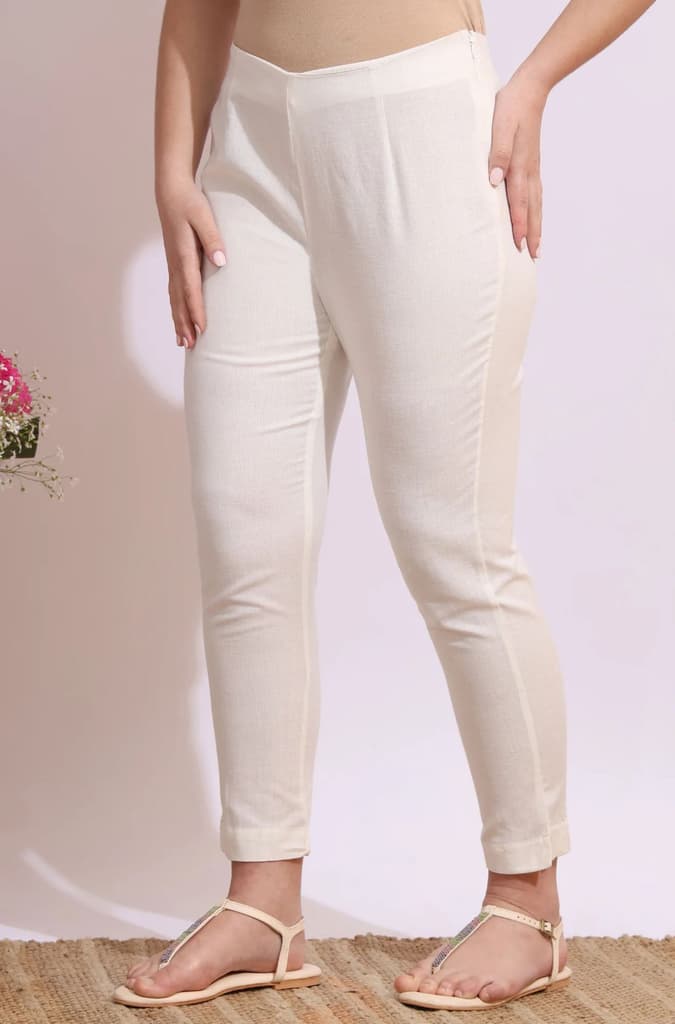 White Solid Mid-Rise Cotton Flax Slim Pants — photo 3