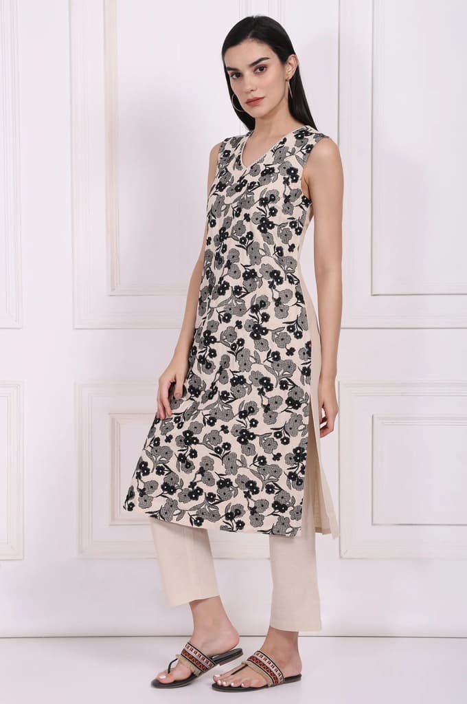 Beige Embroidered A-Line Rayon Kurta with Straight Pant — photo 4