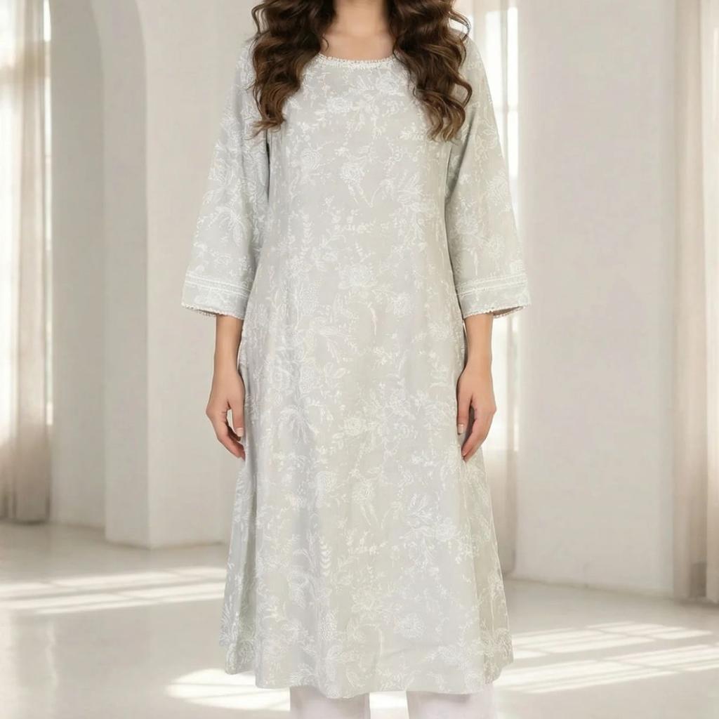 Grey Floral Printed Pure Cotton A-line Kurta with Lace
