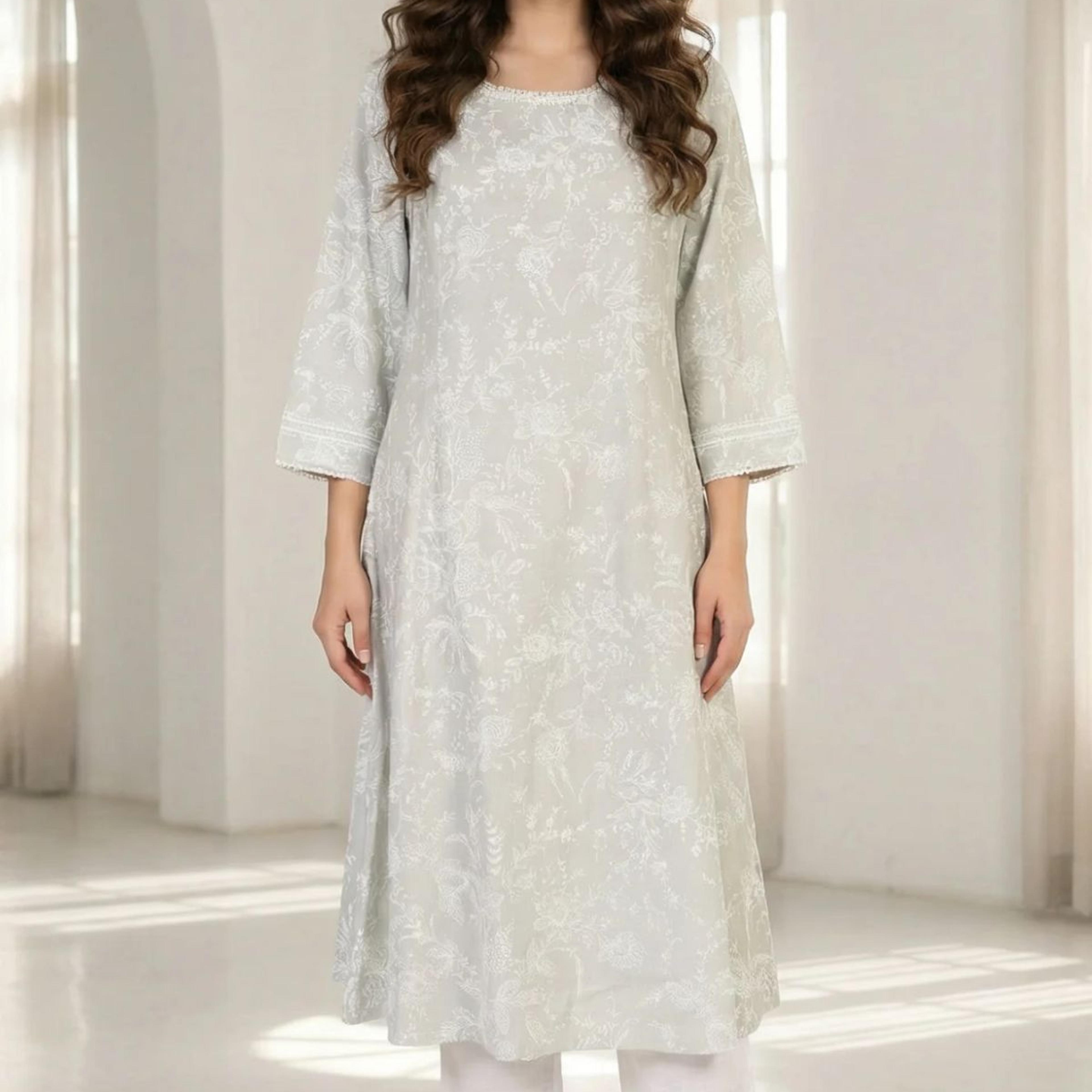 Grey Floral Printed Pure Cotton A-line Kurta with Lace