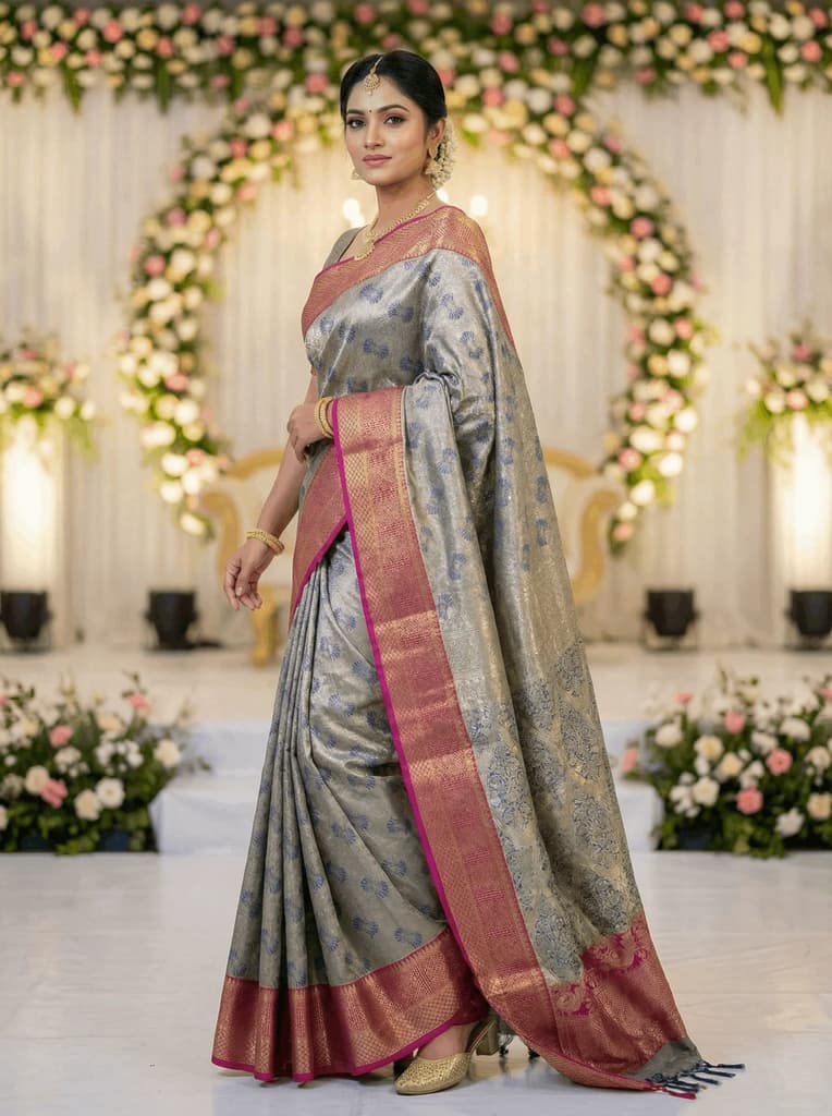 MIMOSA Women's Woven Design Kanjivaram Style Art Silk Saree with Blouse Piece - Navy Blue (SA00002804NVFREE) — photo 4