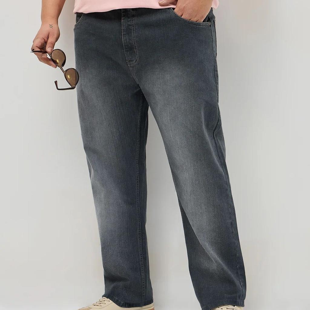 Plus Men's Dark Grey Straight Fit Washed Denim Jeans Stretchable