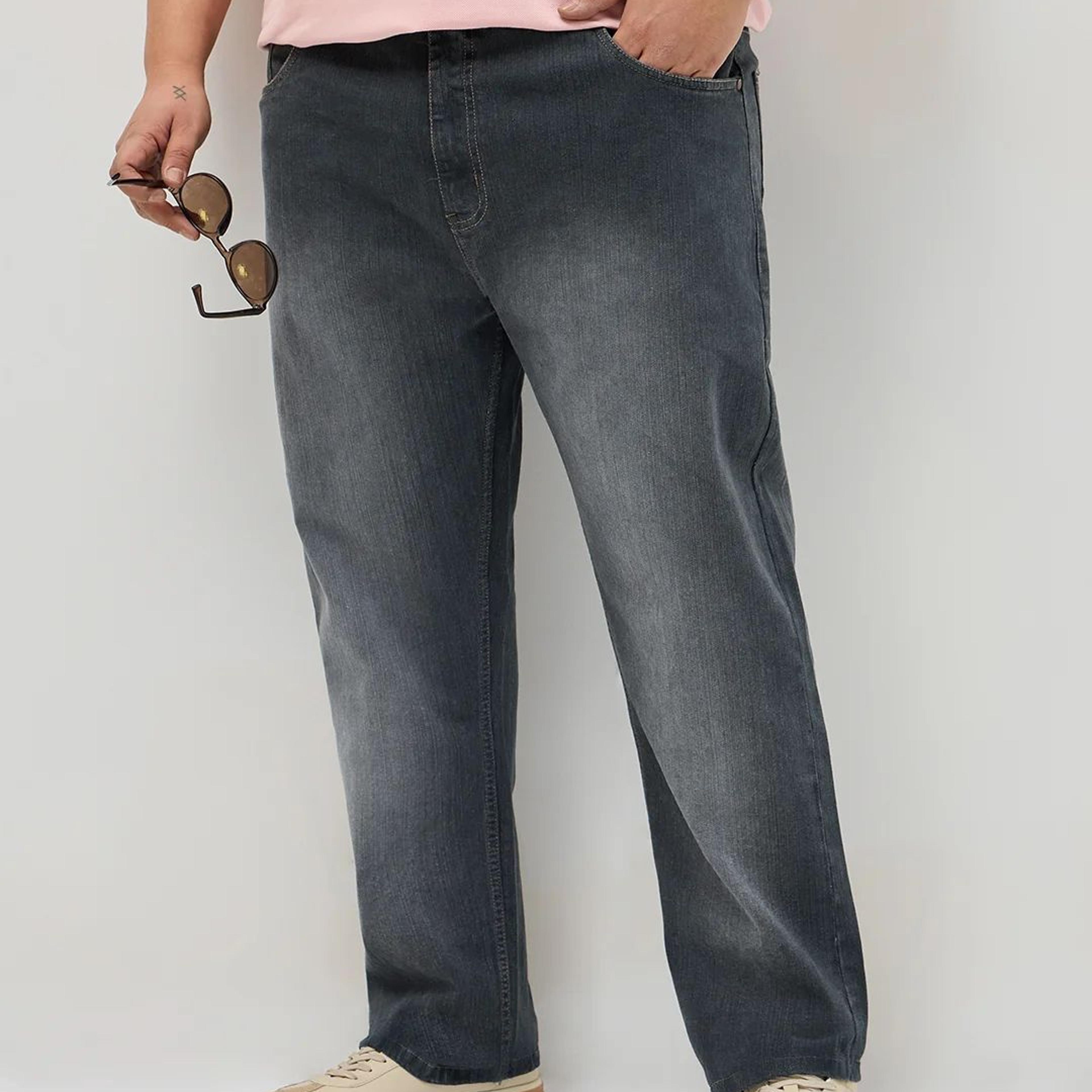 Plus Men's Dark Grey Straight Fit Washed Denim Jeans Stretchable