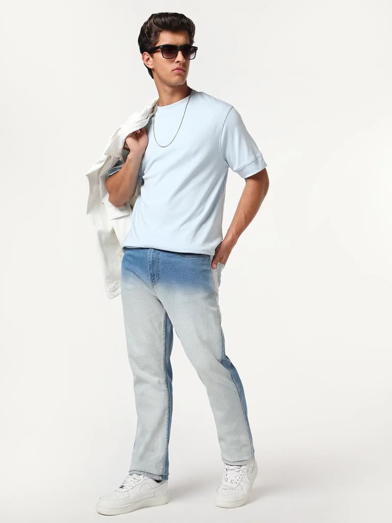 Men's Light Blue Straight Fit Heavy Washed Faded Denim Jeans Stretchable — photo 5