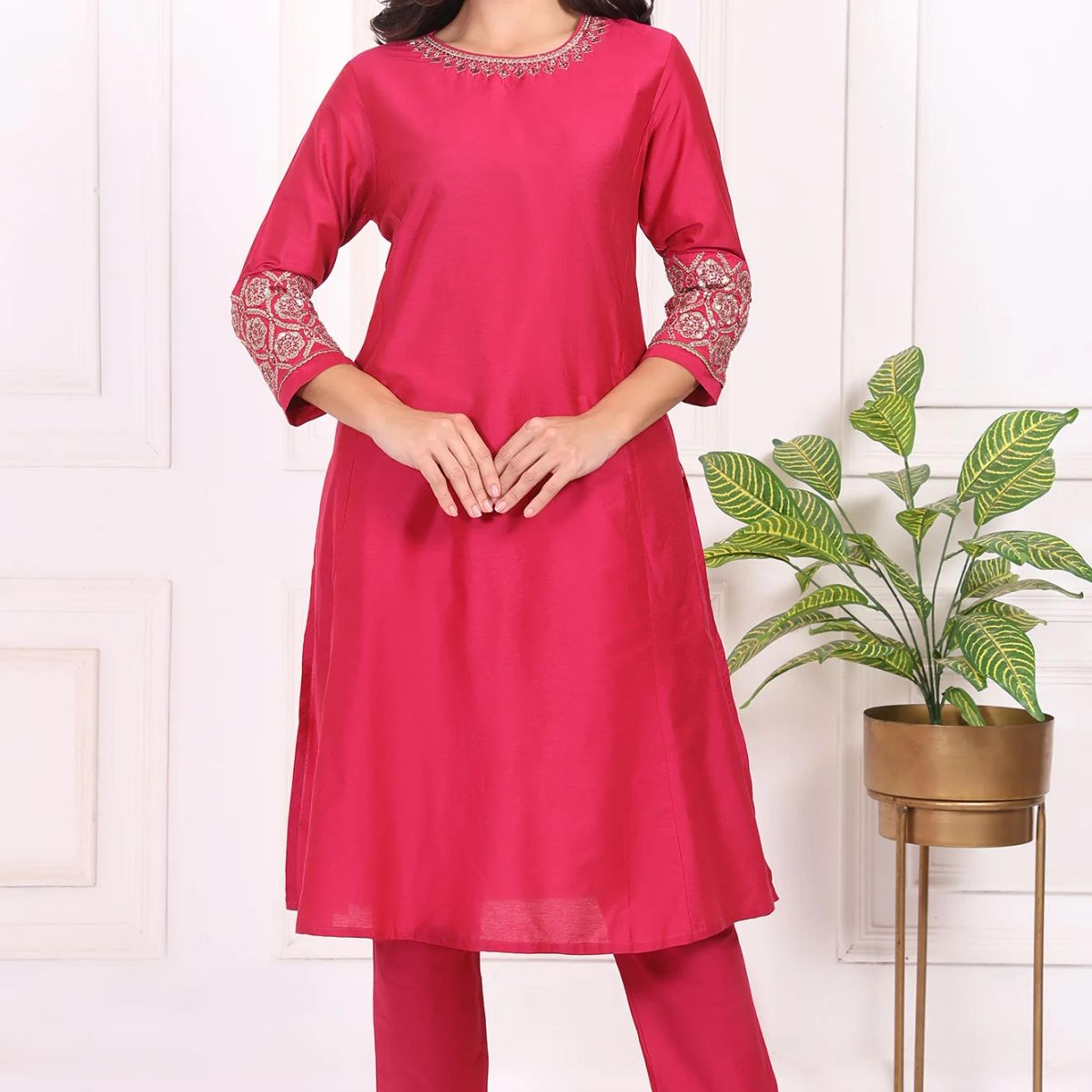 Pink Solid Embroidered Straight Kurta and Straight Pants Set
