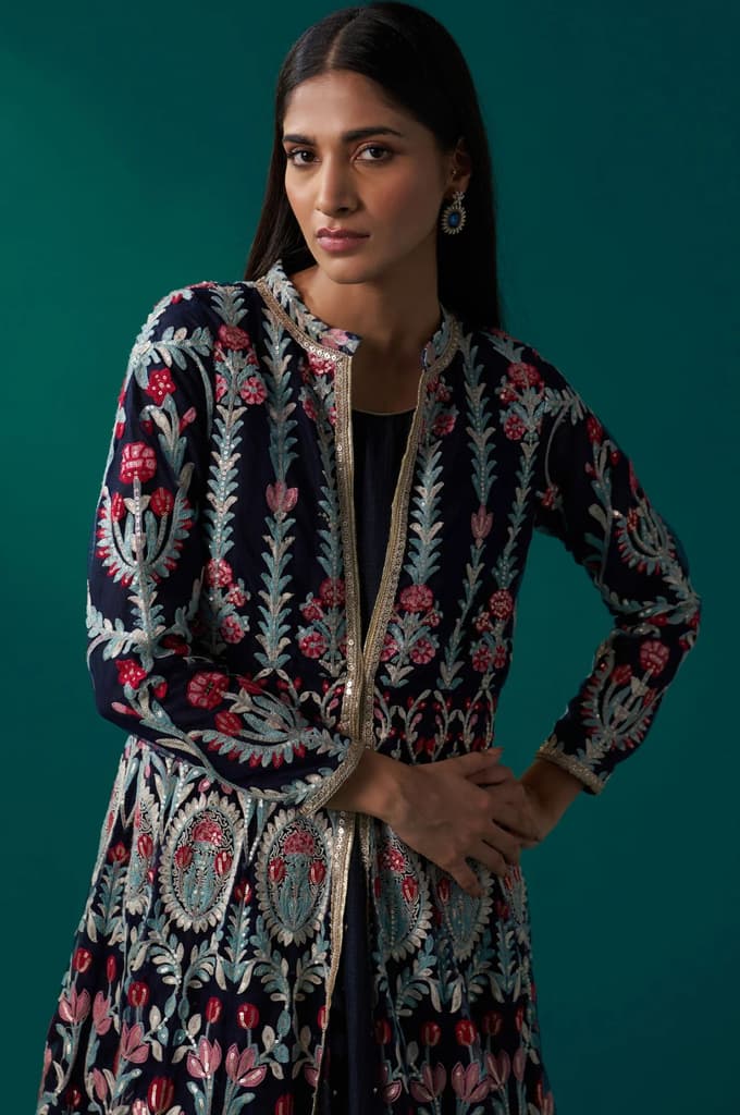 Navy Blue Aari Embroidery Panelled Jacket and Sleeveless Anarkali Dress Set — photo 4