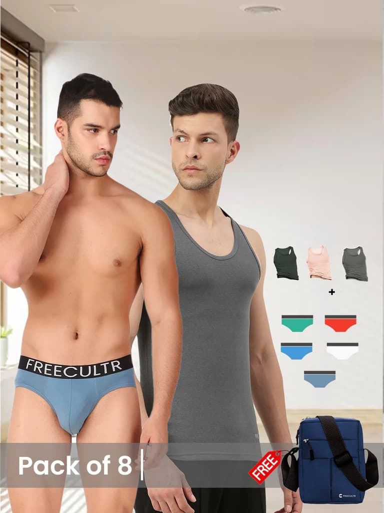 Men's Innerwear set (Pack of 8) with Free Sling Bag — Iron Charcoal; Black Forest Green; Cuban Peach; Black; Brilliant Blue; Coral; Holly Green; Shadow Blue / S / S
